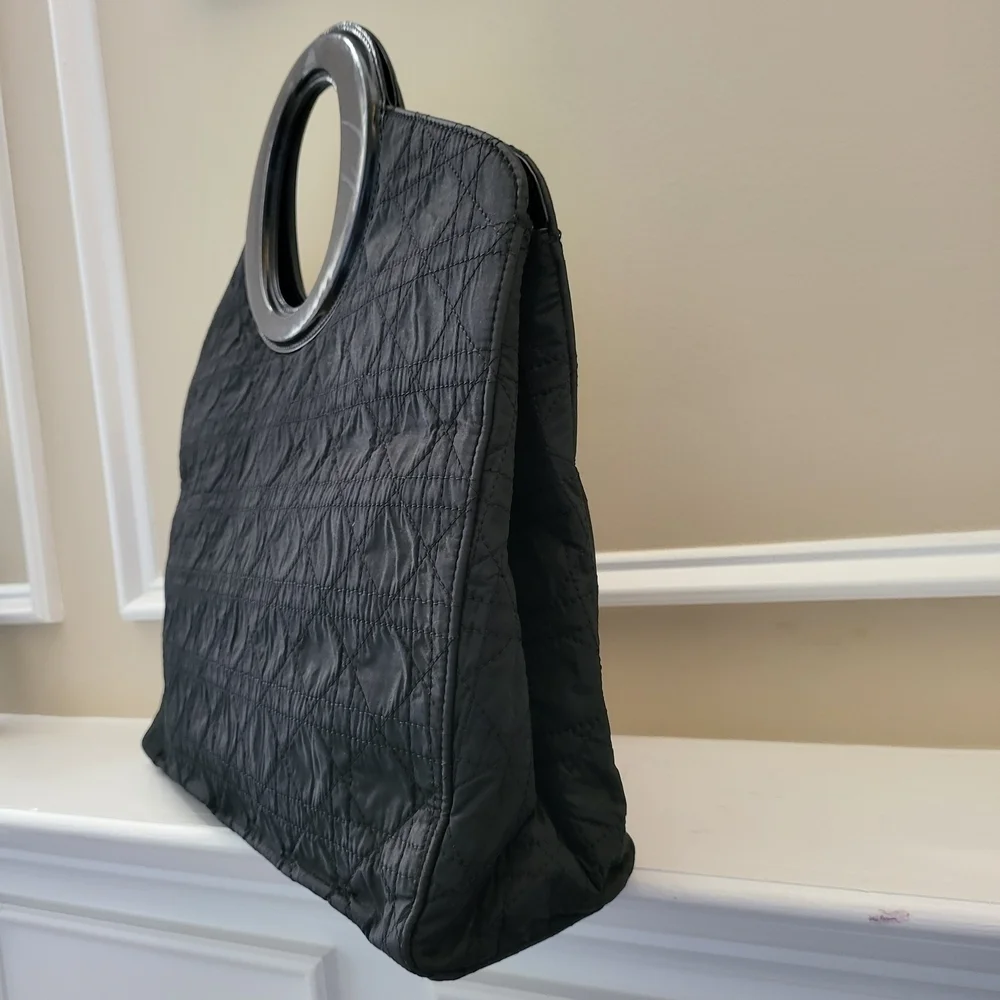 Christian Dior Cannage Tote Hand Bag Quilted Leather Cloth Black...Auth,,w/COA